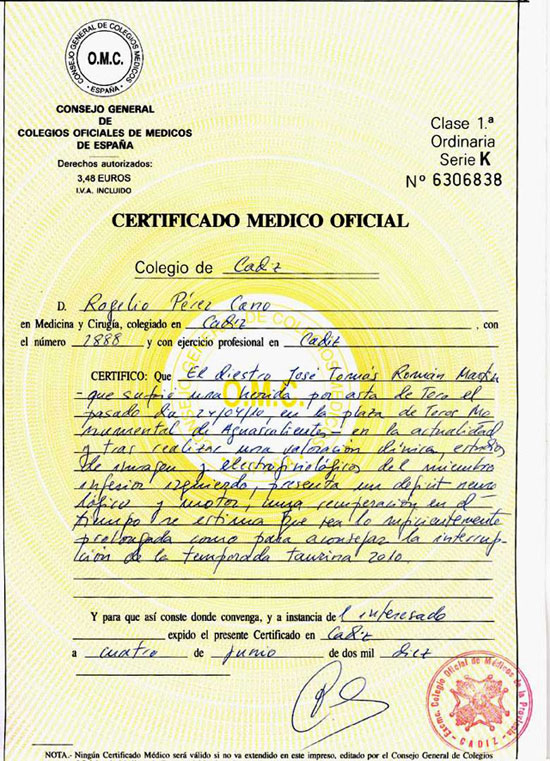 Certificat Medical Officiel de Jose Tomas