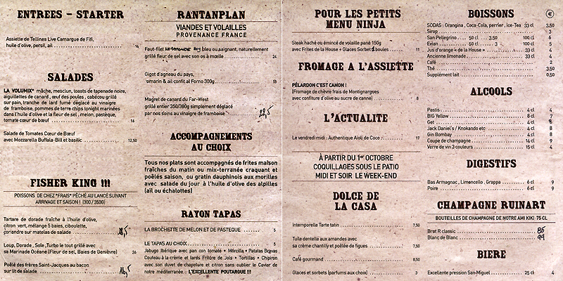 Carte du restaurant Chez Vito aux Stes Maries de la Mer